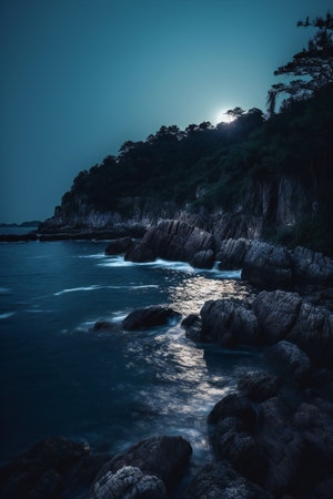 Beautiful seascape at night with moonlight. Long exposure.の素材