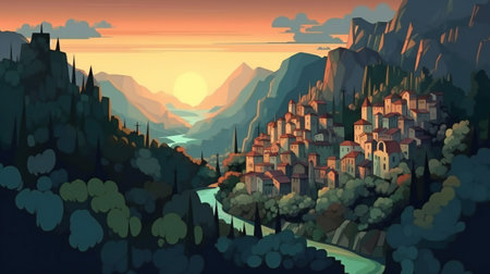 Landscape with mountains, river and city at sunset.の素材