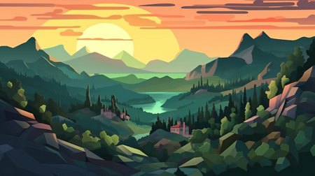 Beautiful landscape with mountains and lake at sunset.の素材