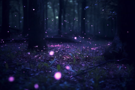 Foto per Magic forest in the fog with pink flowers and purple bokeh - Immagine Royalty Free