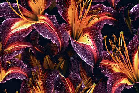 Beautiful lily flowers on black background. Floral pattern.の素材