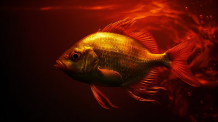 golden fish in aquarium with red light and dark red background.の素材