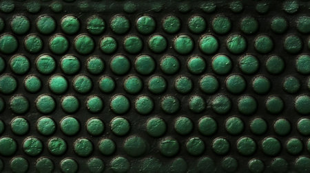 Green metal plate with round holes. Abstract background and texture for design.の素材