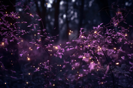 Mysterious forest at night with glowing garlands of lights.の素材