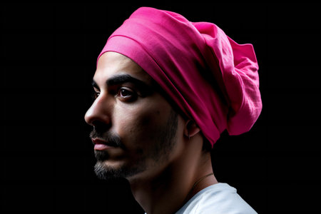 Portrait of a young Indian man wearing a pink headscarfの素材
