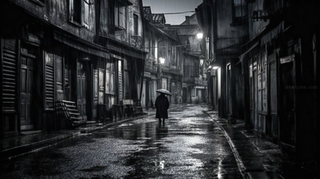 Old city street at night with heavy rain. Black and white.の素材