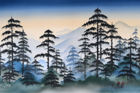 Silhouette of pine trees against the background of mountains and skyの素材