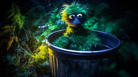 Duckling in a trash can at night. Halloween concept.の素材