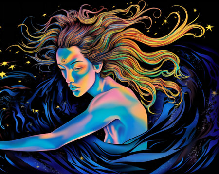 Illustration of a beautiful woman with long blond hair and stars in the background.の素材