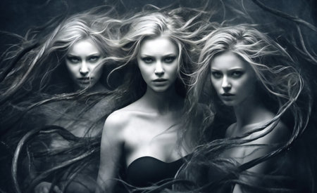 Three beautiful women with long hair. Studio shot. Black and white.の素材