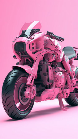 a pink modern chopper motorcycle on a pink backgroundの素材