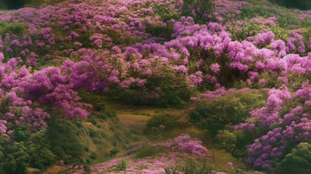 Aerial view of blooming pink rhododendron flowersの素材