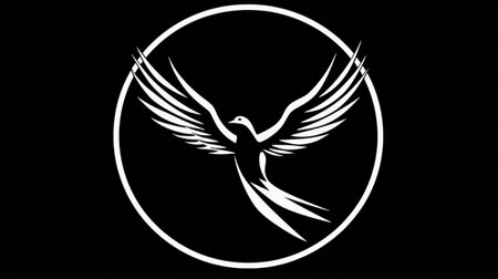 Illustration of a flying bird in a circle on a black backgroundの素材