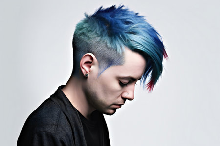 Portrait of a handsome young man with blue hair. Studio shot.の素材