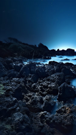 Night view of a rocky beach in the Azores, Portugal.の素材