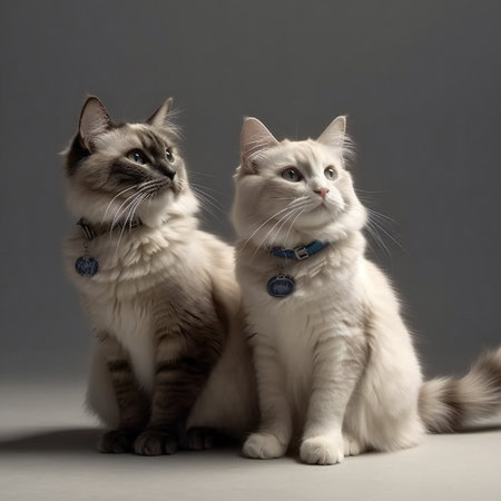 two cats of siberian breed in studio on a gray backgroundの素材