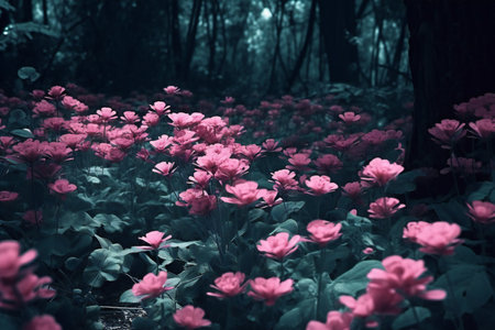 Beautiful pink flowers in the forest. Floral background. Toned.の素材