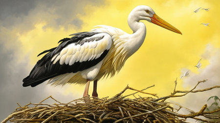 White stork in a nest on a background of the cloudy skyの素材