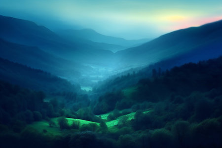 Beautiful mountain landscape with foggy valley at dawn. Beauty in nature.の素材