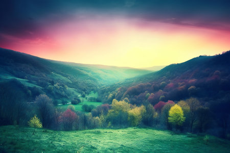 Vintage landscape with meadow and forest on hillside. Colorful autumn sunrise.の素材