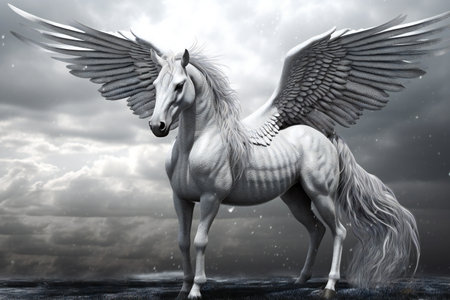 White Pegasus with wings in stormy sky.の素材