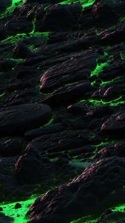 abstract fractal background with green glowing particles.の素材