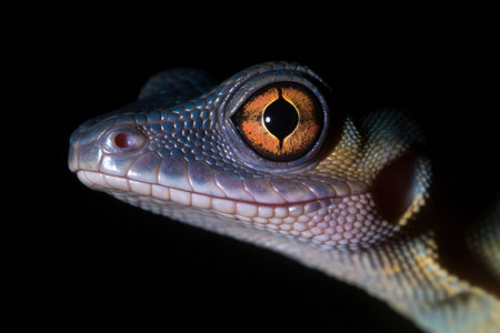 Close-up of the eye of a gecko on a black backgroundの素材