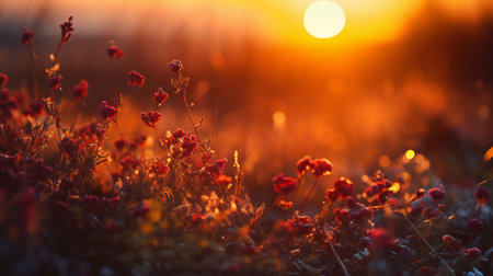 Sunset over a meadow with red wildflowers in the rays of the setting sunの素材