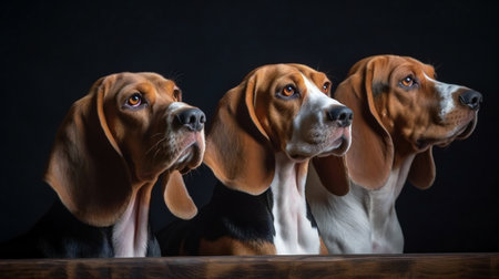Group of beagle dogs in front of black background. Studio shot.の素材