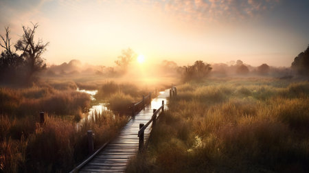 Wooden boardwalk through misty marshland at sunrise in autumnの素材