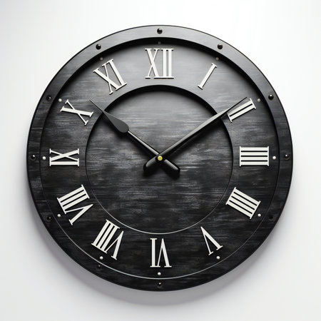 a black wall clock showing 10 minutes to midnightの素材