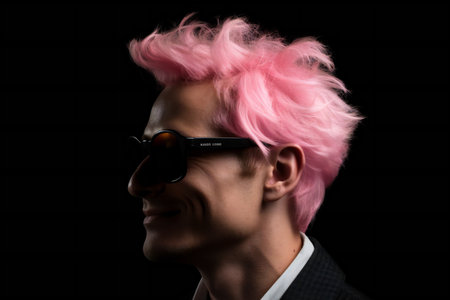 Fashionable young man with pink hair and sunglasses on black backgroundの素材