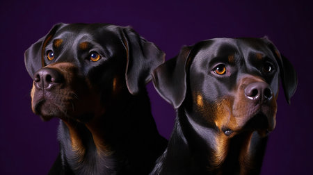 Portrait of a pair of black and tan dobermann dogsの素材