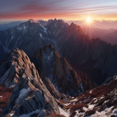 Mountain landscape. Sunrise in the mountains. Peaks of the Alps.の素材