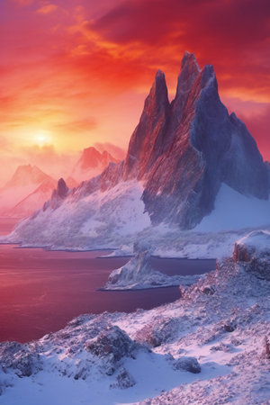 Fantastic winter landscape with snow-capped mountains at sunsetの素材