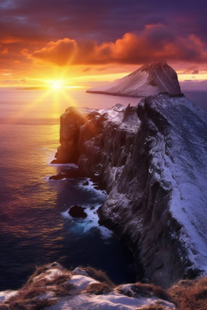 Sunset over the Atlantic Ocean in Tromso, Norway.の素材