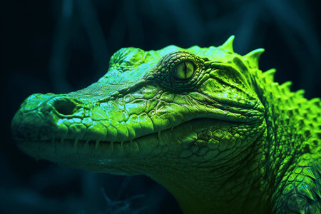 Close up of a crocodile's head. Green crocodile.の素材