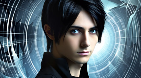 Futuristic young man with futuristic technology background.の素材