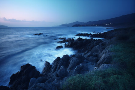Beautiful seascape in twilight time. Long exposure photo.の素材
