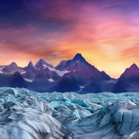 colorful fantasy landscape with snowy peaks and glaciers in the background.の素材
