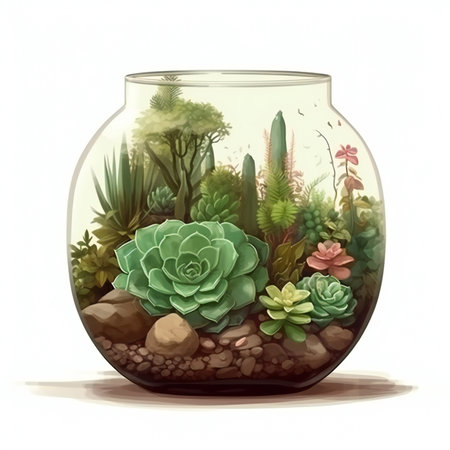Illustration of a terrarium with succulents and cactusの素材