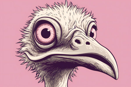 funny cartoon ostrich with big eyes on a pink background.の素材