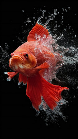 Red gold fighting fish isolated on black background with water splashes.の素材
