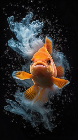 Goldfish in water. Isolated on black background. Studio shot.の素材