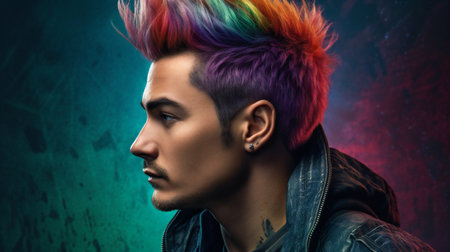 Portrait of a punk man with colorful hair over grunge background.の素材