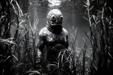 Black and white image of an alien in the dark water of a pondの素材
