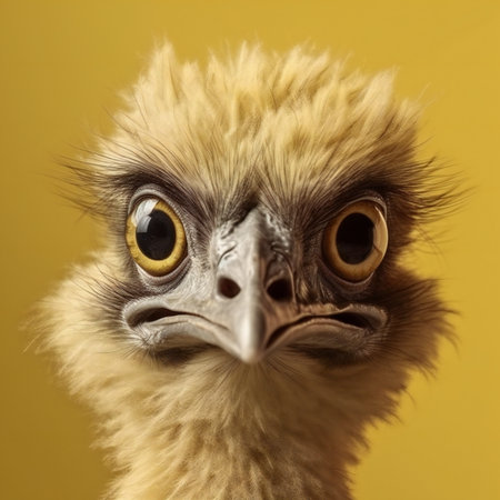 Portrait of an ostrich on a yellow background. Close-upの素材