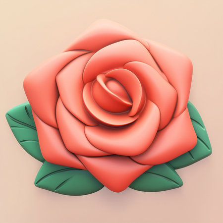 a red rose with green leaves on a beige backgroundの素材