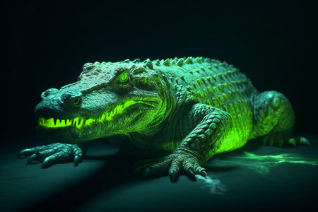 Tropical crocodile on a black background with green light.の素材