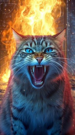 Furious cat with open mouth on a background of burning fire.の素材